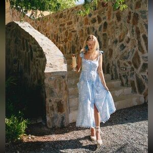 Juliet Dunn Palladio tie shoulder dress in cornflower blue